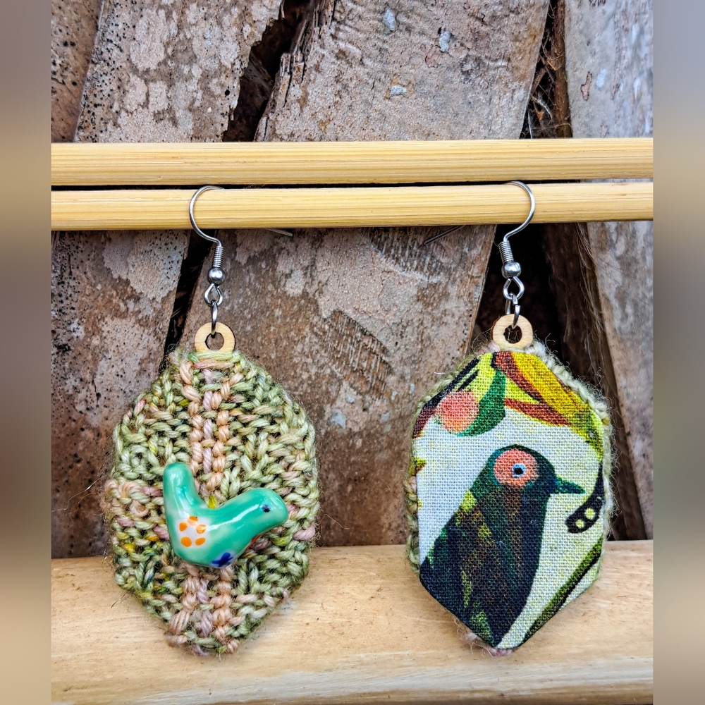 Green Knit Hexagon Earrings with Hand Embroidery Elements and a Bird-Shaped Bead - Picture 3 of 16